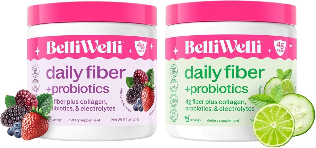 Ensemble quotidien de suppléments de fibres avec collagène, probiotiques et électrolytes - Soutient la santé digestive, la régularité et la santé de la peau – Cucumber Lime Mint & Wild Berry Flavors – 32 portions Total