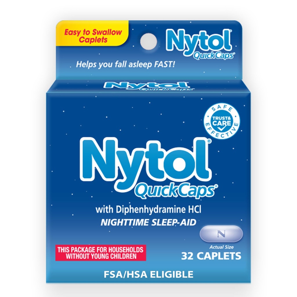 Nytol Caps rapides d'aide au sommeil de nuit avec la diphénhydramine HCI, Caplets faciles à avaler pour tomber Asleep rapide, 32 Compte
