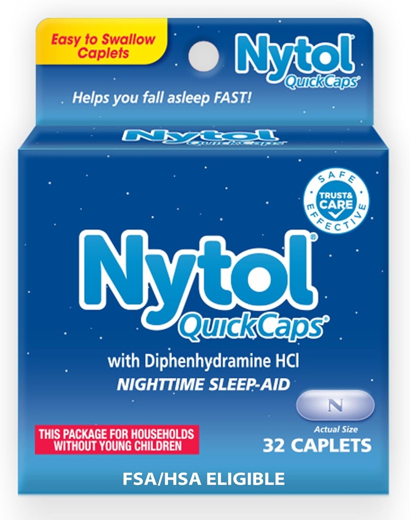 Nytol Caps rapides d'aide au sommeil de nuit avec la diphénhydramine HCI, Caplets faciles à avaler pour tomber Asleep rapide, 32 Compte