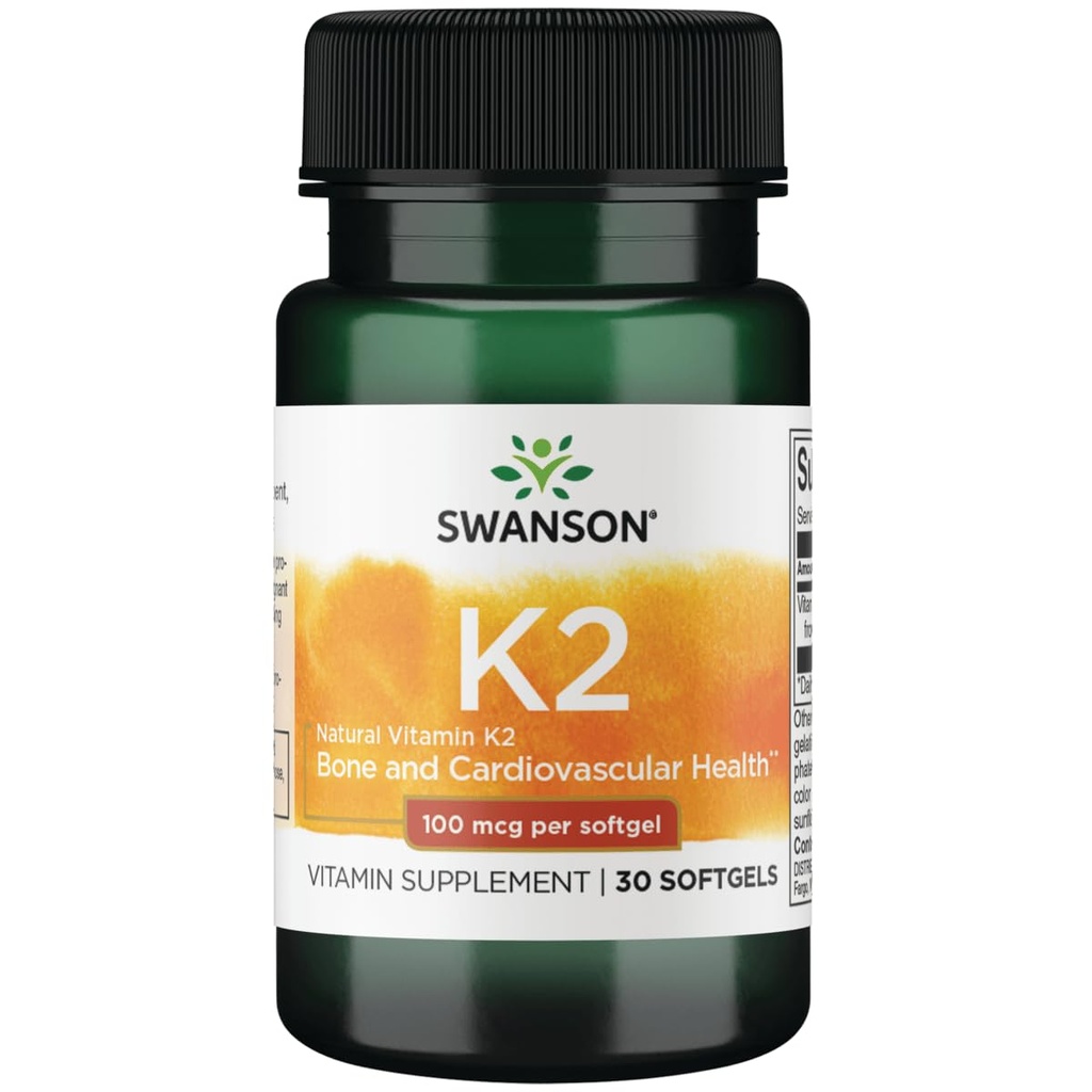 Swanson Vitamine K2 (Ménaquinone-7) - Supplément de vitamine pour la santé cardiovasculaire et osseuse - Fabriqué à partir de Natto japonais pour aider à réguler le calcium - (30 Softgels, 100mcg chacun)