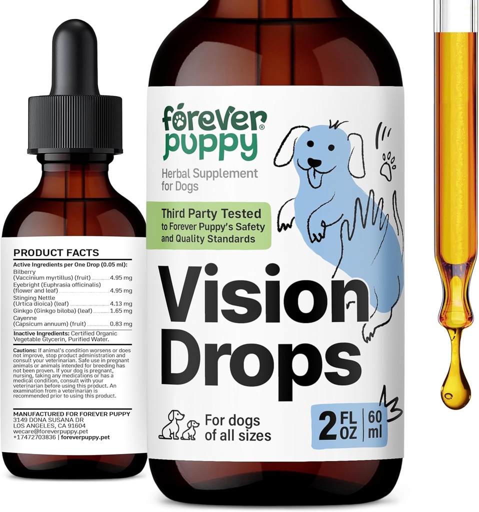 Suppléments de vision de chiots pour les chiens - Teinture des yeux avec/Bilberry & Eyebright Herb - Toutes les races et tailles - Suppléments de nourriture pour chiens liquides pour le soutien de la vision et la clarté des yeux - sans sucre et sans alcool - 2 oz