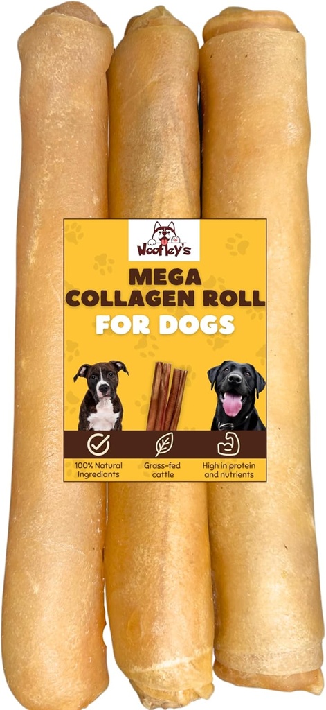 Woofley's Extra Thick Collagen Roll (10-12 Inch - 3 PCS) - Chews for Dogs - Bully Stick Rawhide Alternative Dog Chews No Hide Bones for Medium & Large Dogs