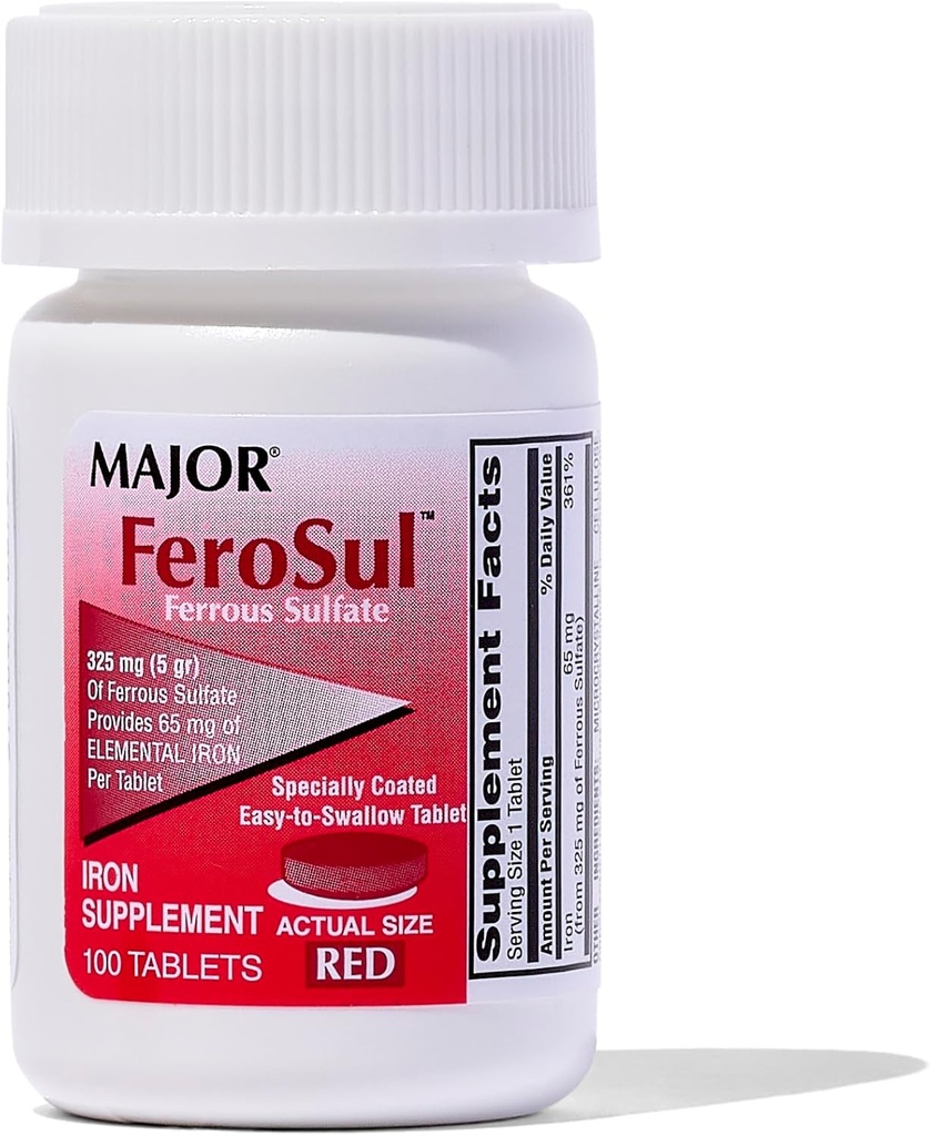 Major Ferosul - Sulfate de fer 325mg Comprimés avec 65mg de fer élémentaire - Supplément de fer pour les femmes, les hommes - Rouge - 100 Compte