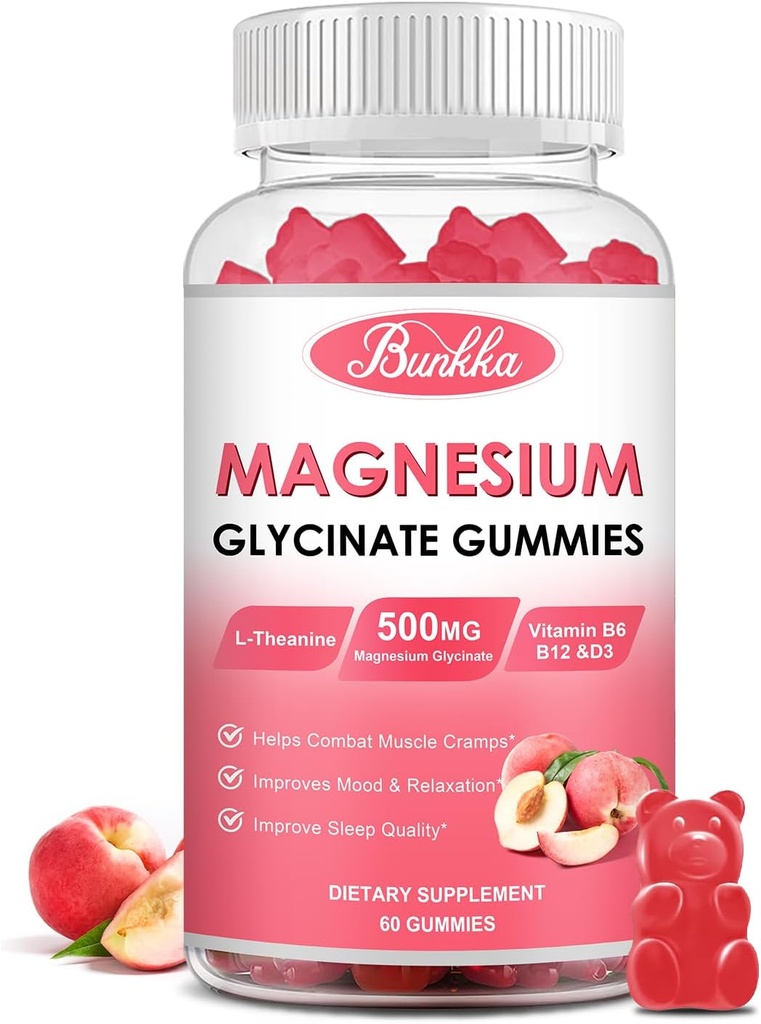 Glycinat de magnésium - Sans sucre, supplément de potassium complexe de magnésium avec potassium, vitamineD, B6 pour le calme, le sommeil et le stress pour les adultes - 60 Gummies de pêche