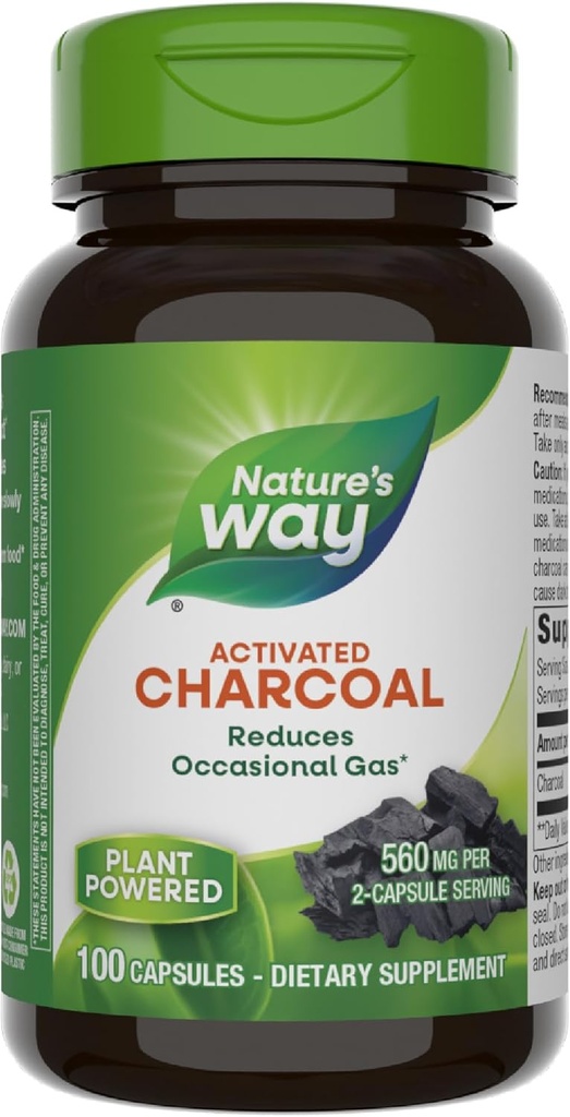 La voie de la nature a activé le charbon de bois, les liants et le gaz non désirés dans le tube digestif*, 560 mg par portion de 2 capsules, 100 capsules (paquetage de May Vary)