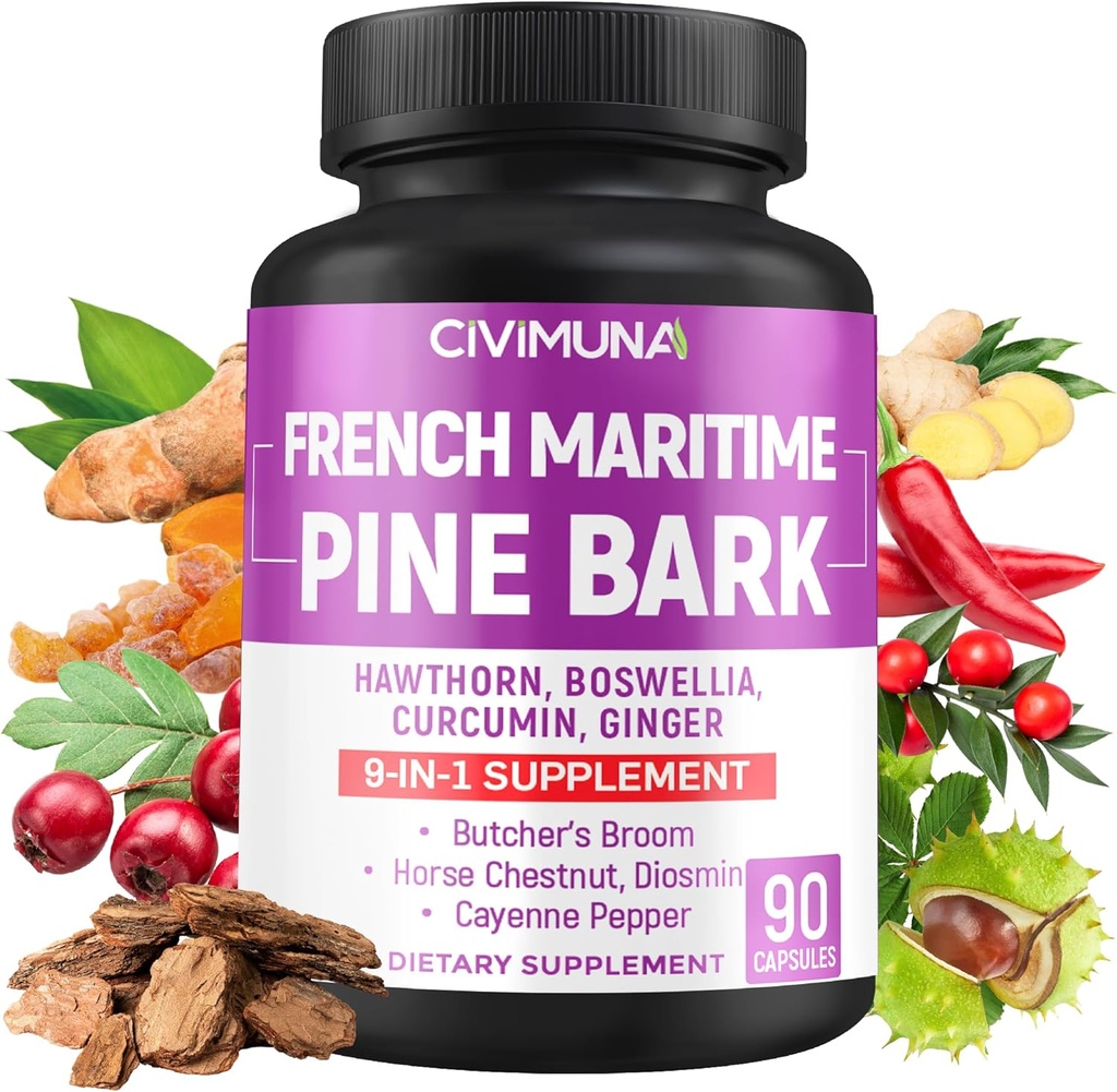 Capsules d'écorce de pin Maritime française avec l'écorce de pin Maritime française, Hawthorn, Bosweillia et plus - 90 Capsules pour 3 mois d'approvisionnement