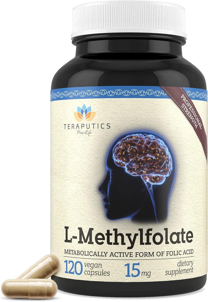 Teraputics L-Methylfolate 15mg | 120 Vegan Capsules | Premium | 5-MTHF Active Methyl Folate Supplement for Mood Homocysteine Methylation – Non-GMO Gluten-Free, No Fillers - Folic Acid Brain Support