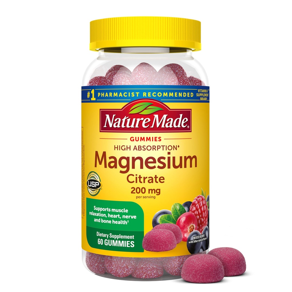 Nature faite Haute Absorption Citrate de magnésium 200 mg par portion, Supplément de magnésium pour les muscles, Nerve, os et soutien cardiaque, 60 Gommies de magnésium, 30 jours d'approvisionnement