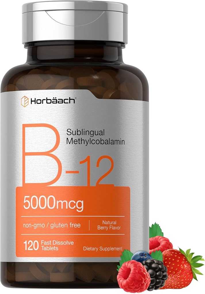 Horbäach B12 Vitamine 5000 mcg. 120 comprimés dissolvants rapides.