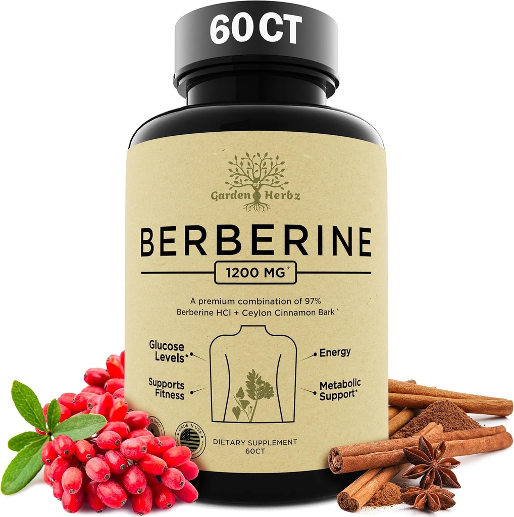 Supplément Berberine, Berberine 1200 Mg – Berberine HCL & Ceylan Cinnamon pour les femmes et les hommes – Capsules Berberine soutient le système immunitaire sain et la gestion du poids