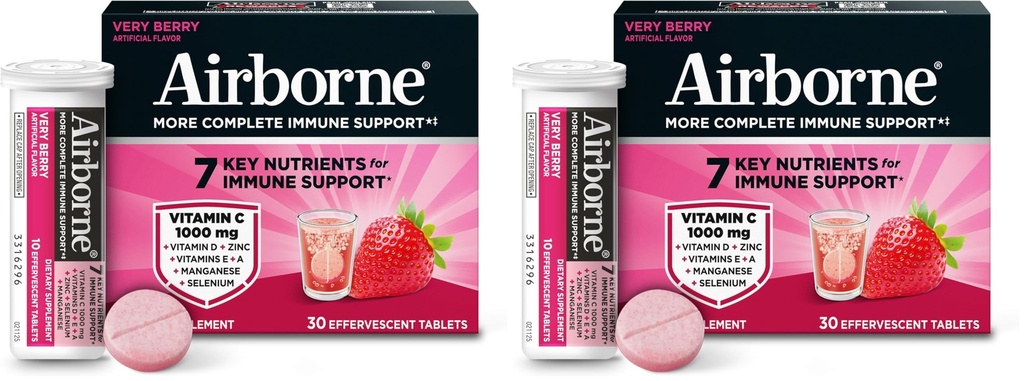 Airborne 1000mg Vitamine C avec vitamine D et zinc, supplément de soutien multivitamine sans sucre, antioxydants Vitamines A C et vitamine E, 30 comprimés effervescents, Saveur très baie (paquet de 2)