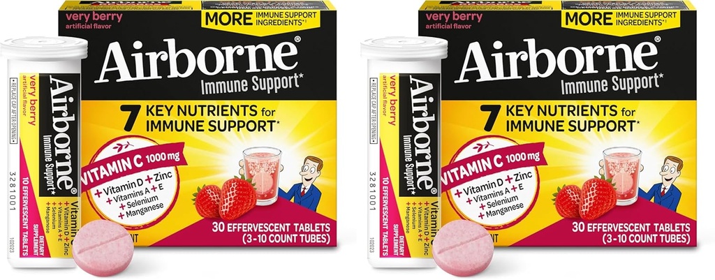 Airborne 1000mg Vitamine C avec vitamine D et zinc, supplément de soutien multivitamine sans sucre, antioxydants Vitamines A C et vitamine E, 30 comprimés effervescents, Saveur très baie (paquet de 2)