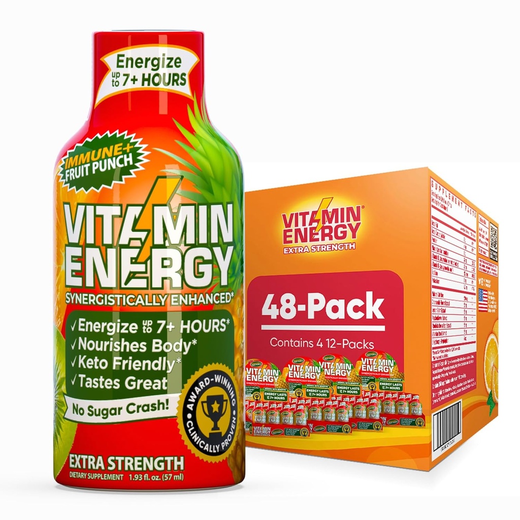 Vitamine Energy Immune+ Extra Strength Energy Shot Fruit Pun 48 Pack, 260mg Caféine naturelle, B-Vitamines, Citicoline, Thé vert, Immunity & Focus Support, Zéro sucre, Sans gluten 1,93 fl oz
