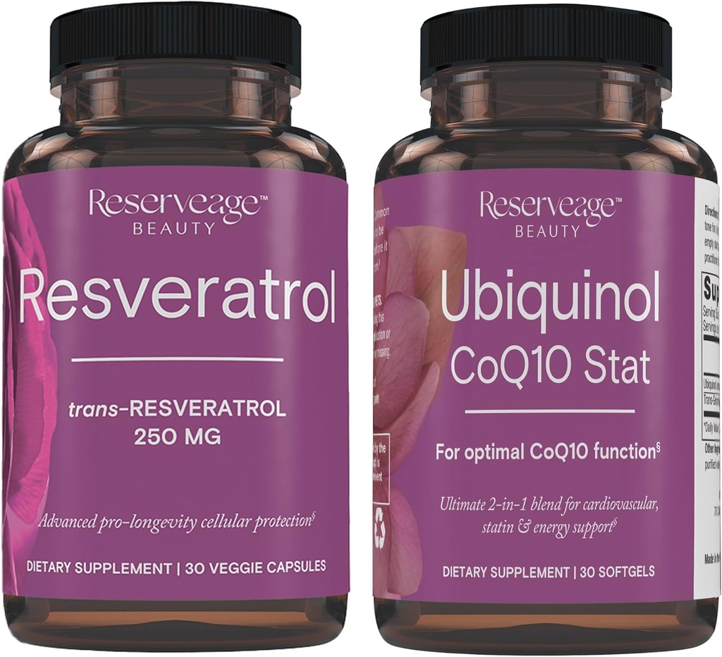 Réserve Beauté, Resvératrol 250 mg, Supplément antioxydant pour la santé cardiaque et cellulaire 30 Caps et Ubiquinol CoQ10 Stat - Soutien pour le système cardiovasculaire, les niveaux d'énergie et la santé cellulaire - 30