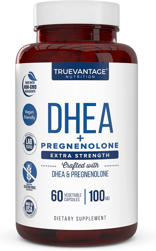 DHEA 100mg Supplément avec Pregnenolone 60mg -Supporte l'équilibre hormonal, la masse musculaire maigre, l'énergie, l'humeur, le sommeil et le vieillissement en santé chez les hommes et les femmes- Capsules végétales