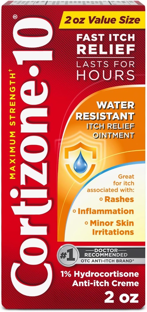 Cortizone-10 Résistance maximale à l'eau Onguent anti-démangeaison, 1% Hydrocortisone, A action rapide, Crème anti-démangeaison pour les piqûres de bogues, Rash, Eczema, Psoriasis, Poison Ivy, Chêne, Sumac et plus, 2 oz