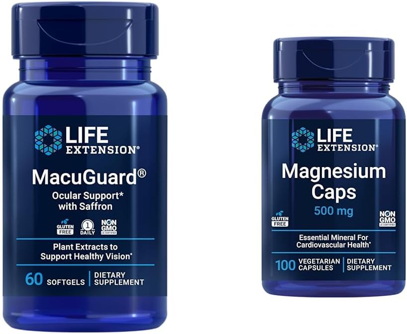 Prolongation de vie MacuGuard Eye Health Supplement with Magnesium Capsules 500mg - Lutéine, Zeaxanthin, Méso-zeaxanthin et Safran pour une vision saine - 60 Softgels et 100 Capsules végétariennes