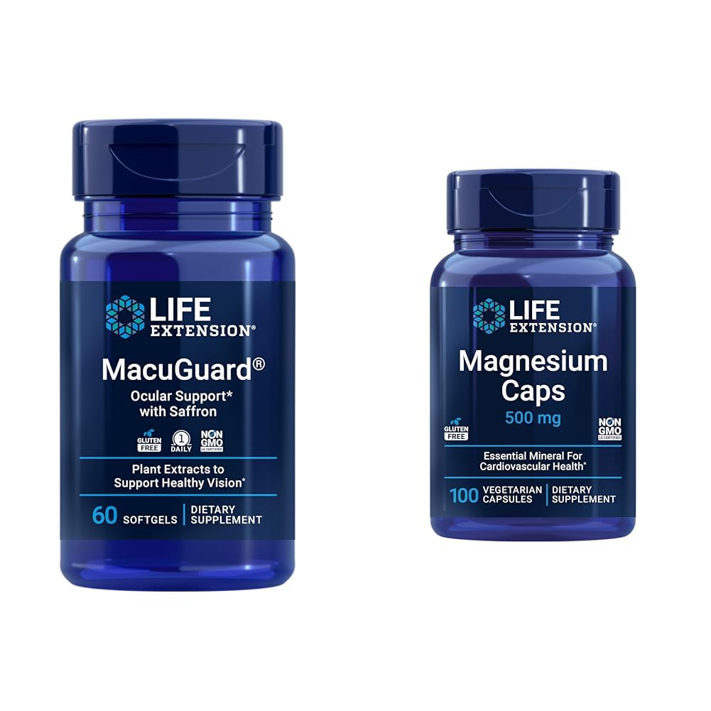 Prolongation de vie MacuGuard Eye Health Supplement with Magnesium Capsules 500mg - Lutéine, Zeaxanthin, Méso-zeaxanthin et Safran pour une vision saine - 60 Softgels et 100 Capsules végétariennes