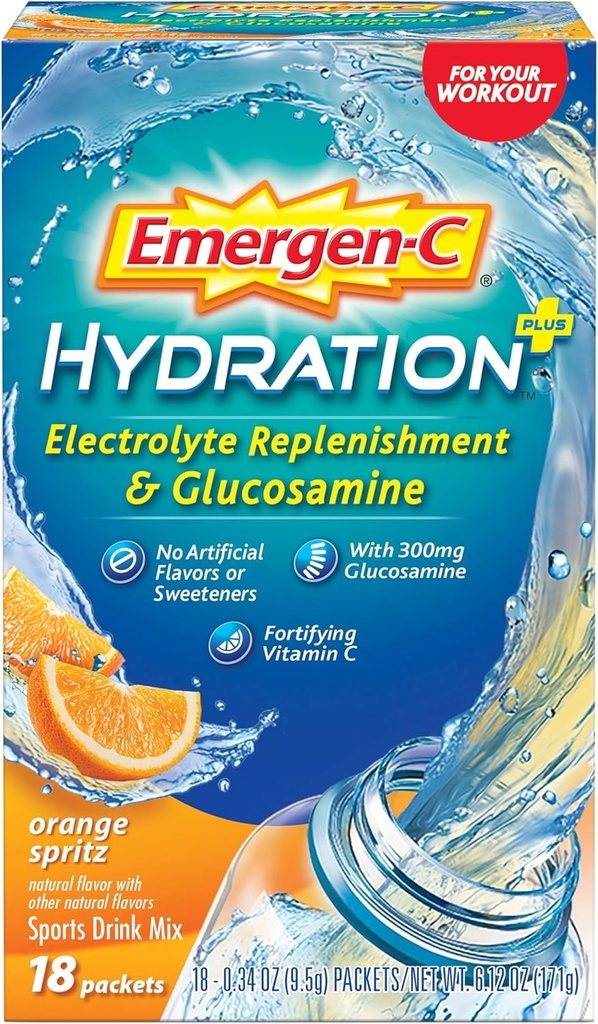 Mélange de boisson sportive Emergen-C Hydratation+ avec vitamine C (18 Comte, Arôme de Spritz orange avec glucosamine), Remplissage d'électrolytes, 0.34 Paquets de poudre d'Once