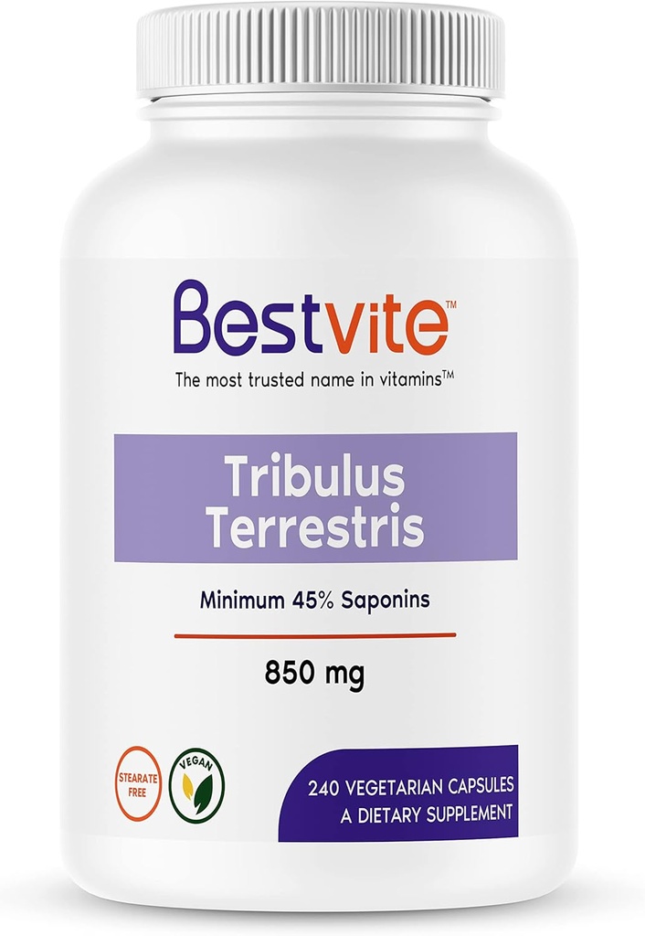 BESTVITE Tribulus Terrestris 850mg per Capsule (240 Vegetarian Capsules) - Standardized Extract - Min 45% Saponins - No Stearates - No Silicon Dioxide - No Fillers - Vegan - Non GMO - Gluten Free