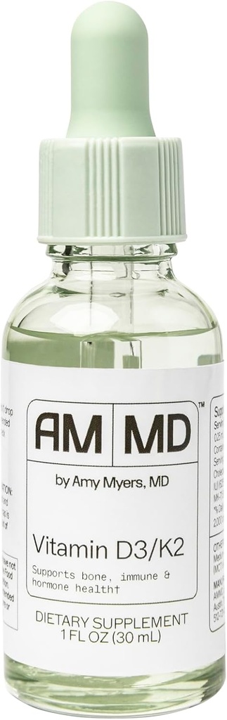 Amy Myers MD Vitamine D3/K2 liquide - soutient la santé des os, la fonction immunitaire et l'équilibre hormonal - haute absorption - non laitiers, sans gluten - 1 fl oz (30 portions)
