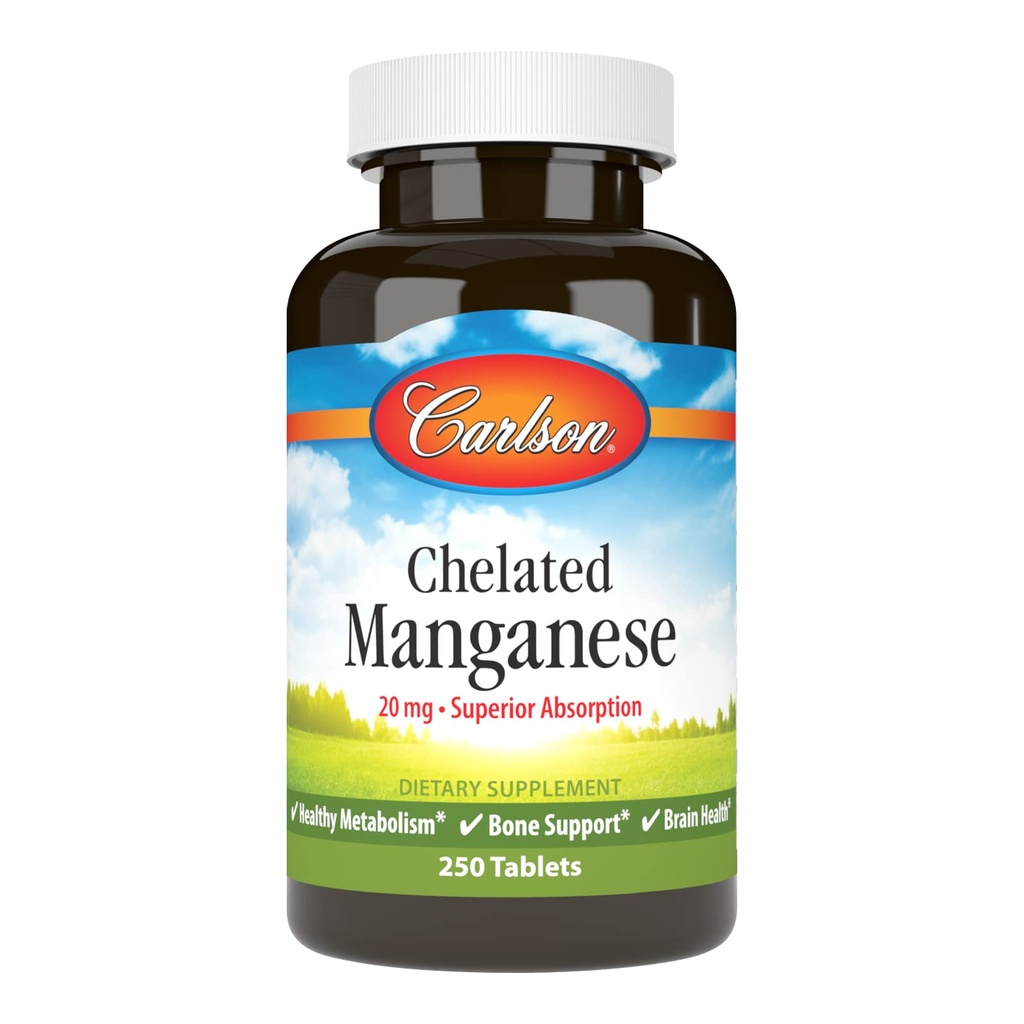 Carlson - Manganèse chélaté, 20 mg - Absorption supérieure, métabolisme sain, soutien des os et santé du cerveau, 250 comprimés