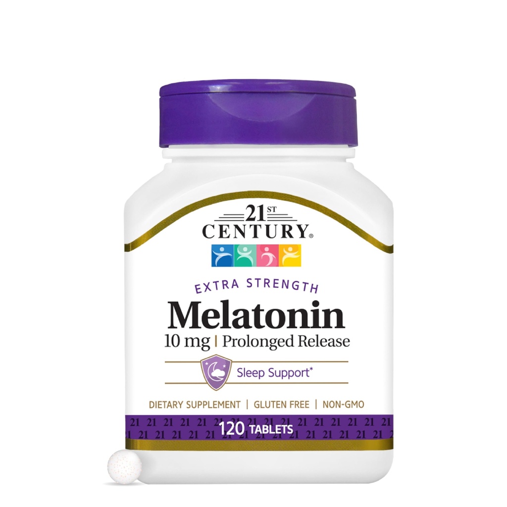 21st Century Melatonin 10mg Comprimés de force supplémentaire, (120 Compte), Aide prolongée à la libération pour le sommeil pour les adultes, favorise la relaxation et le sommeil reposant, non-Habit formant, sans gluten, non-OGM