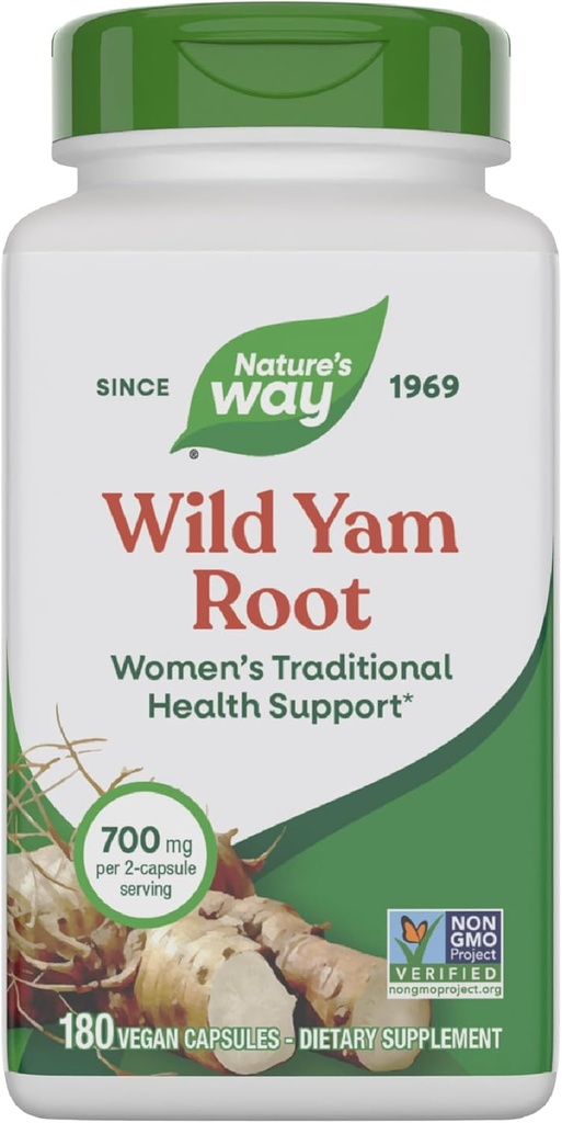 Nature's Way Wild Yam Root, Women's Traditional Health Support*, 700 mg par portion de 2 capsules, projet non-OGM vérifié, 180 capsules véganes (paquetage May Vary)