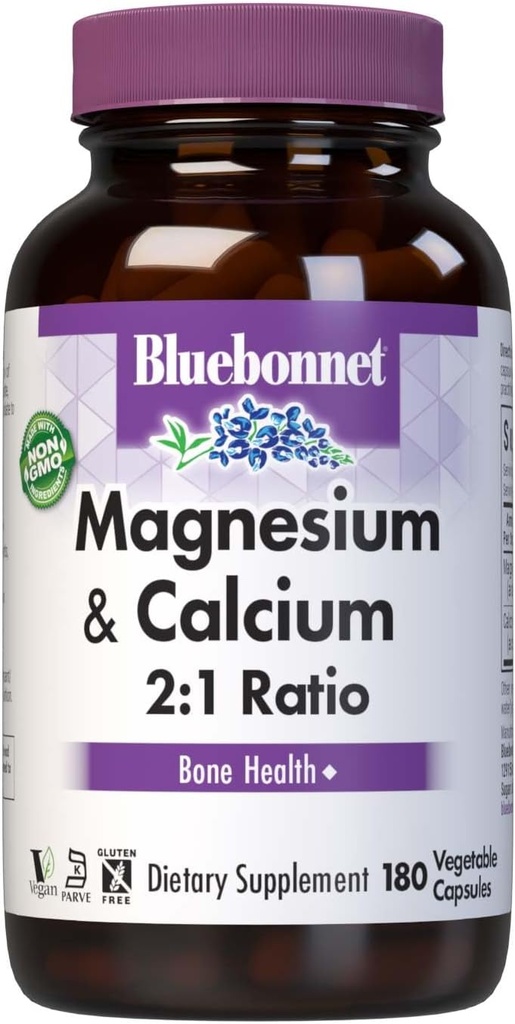 Bluebonnet Nutrition Magnésium & Calcium 2:1 Ratio, Bone Health*, Non-OGM, Vegan, Casher Certifié, Sans gluten, Sans soja, Sans lait, 180 Capsules végétales, 60 portions