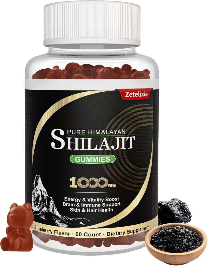 Shilajit Gummies, Pure Himalayan Shilajit Gummies for Men, Formula with Rhodiola Rosea, Ginseng Root, Chaga, Vitamin D, Support Energy, Immune & Brain Health, Non-GMO, Vegan, 60 Count