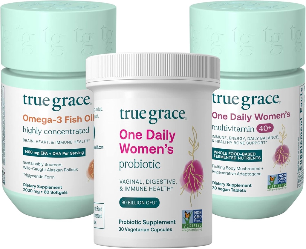 True Grace One Daily Femmes Multivitamine 40+ (30 Comprimés végétaliens), Oméga-3 Huile de poisson (60 Softgels) et une femme quotidienne Probiotique (30 Capsules végétariennes) - 30 jours d'approvisionnement de chaque