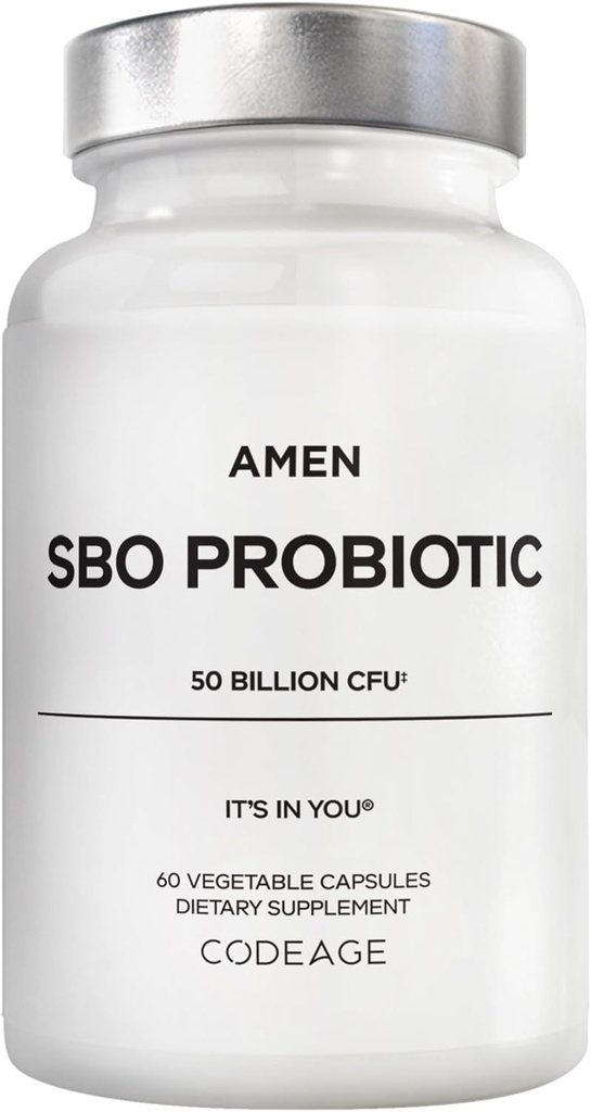 Amen Probiotics Supplement, SBO Probiotics et bio prébiotiques, 50 milliards d'UFC, plateau stable, pas de réfrigération nécessaire, Flora Daily Probiotic Formula pour les femmes et les hommes, végétalien et non-OGM, 60 capsules
