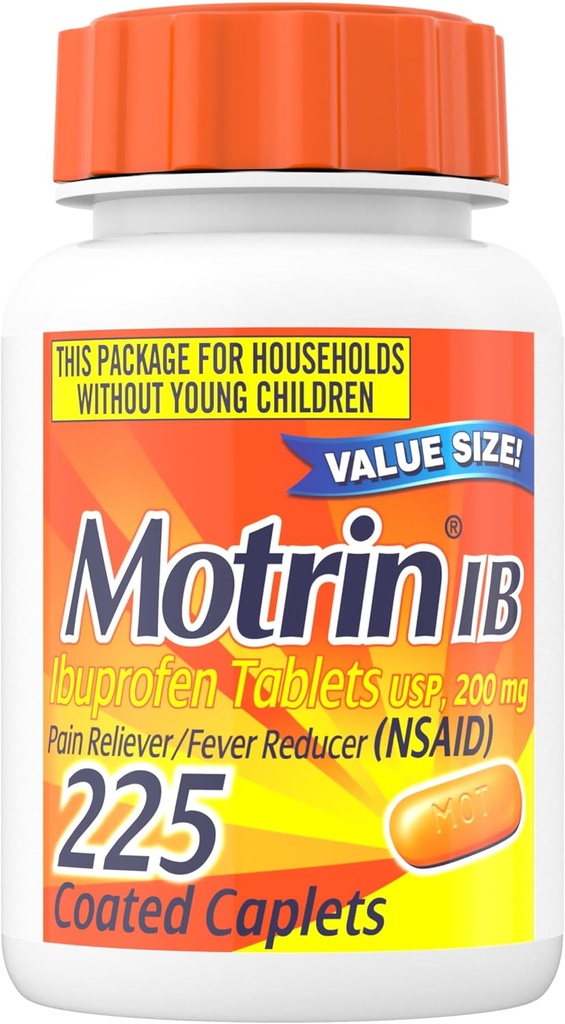 Motrin IB Ibuprofen 200mg Comprimés, anti-douleur à action rapide et réducteur de fièvre, anti-counter Médecine froide pour les maux de tête, les maux de dos, les dents, les crampes menstruelles et les douleurs mineures d'arthrite, 225 Compte