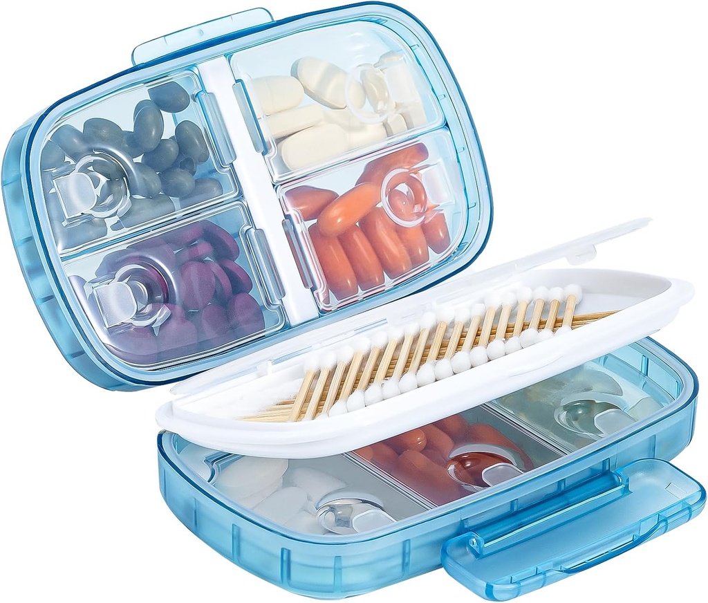 Daviky Travel Pill Organizer, Weekly Pill Dispenser 1 Time a Day, Large Pill Box, Moisture Proof 8 Compartment Pill Case, Portable Pill Holder for Medicines, Supplements and Vitamins (Blue)