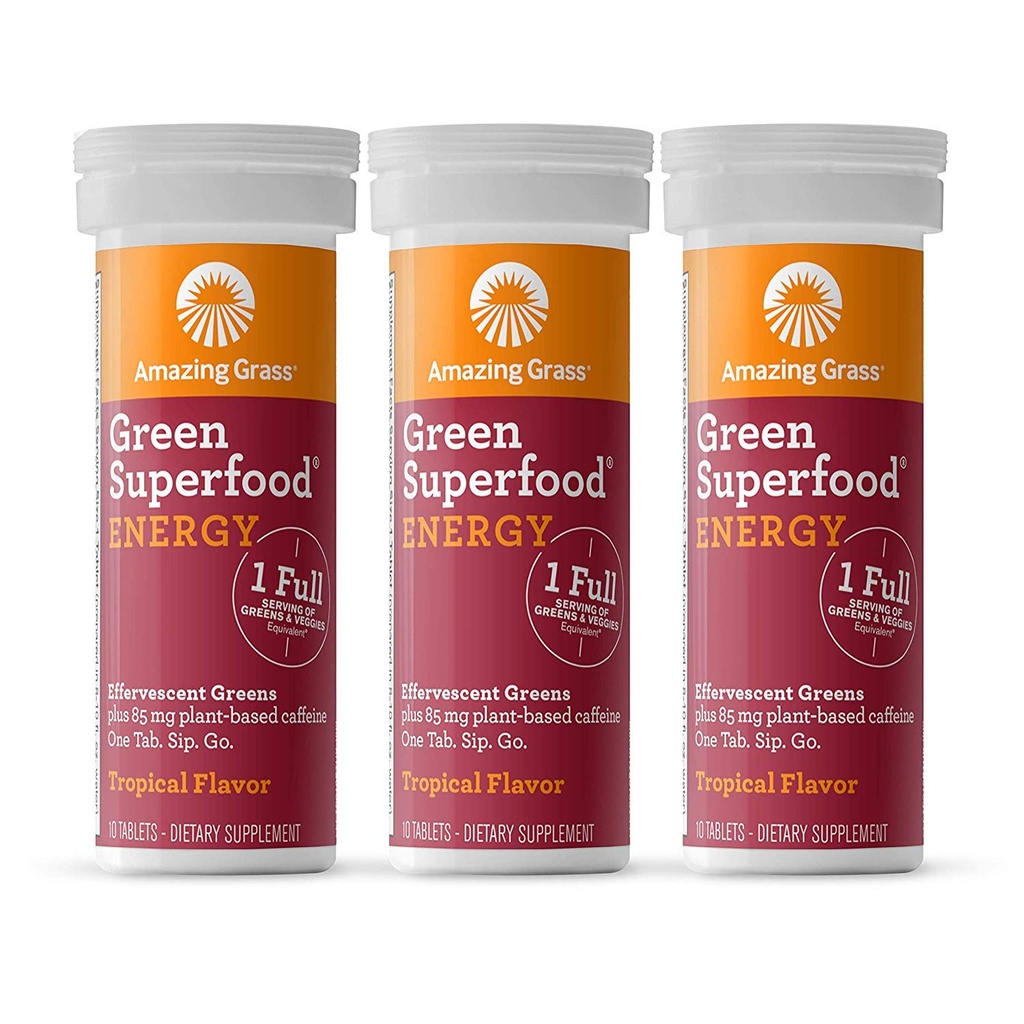 Comprimés d'énergie effervescents aux herbes étonnantes : Greens + Green Tea Caféine, Comprimé d'arôme d'eau avec antioxydants, support nootropique, Tropical, 10 comtes (paquet de 3)