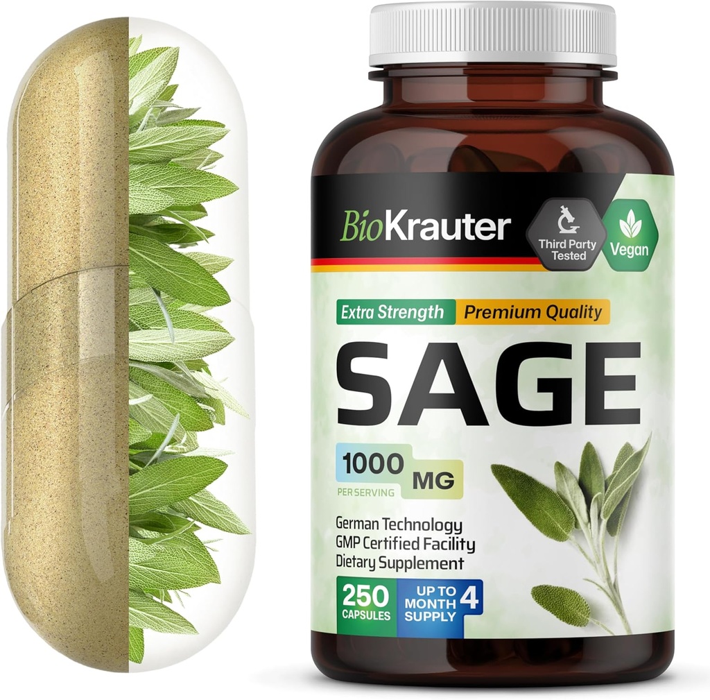 BIO KRAUTER Sage Supplement Capsules 1000 mg - 250 Caps végétaliens - Supplément avec Salvia Officinalis - Immune et support digestif - Riche en antioxydants
