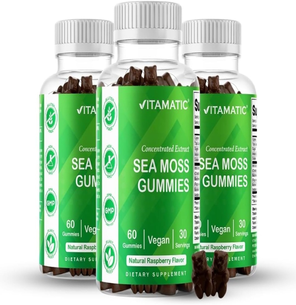 Vitamatic 3 Pack Irish Sea Moss Gummies- 3000mg Équivalent par service (à partir de l'extrait 132,5 mg) - 60 Ct - Fabriqué avec Bladderwrack & Burdock Root - Supplément Seamoss pour Thyroïde, Énergie, Soutien Immune