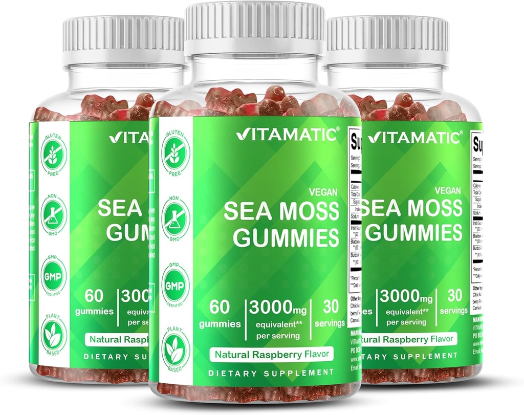 Vitamatic 3 Pack Irish Sea Moss Gummies- 3000mg Équivalent par service (à partir de l'extrait 132,5 mg) - 60 Ct - Fabriqué avec Bladderwrack & Burdock Root - Supplément Seamoss pour Thyroïde, Énergie, Soutien Immune
