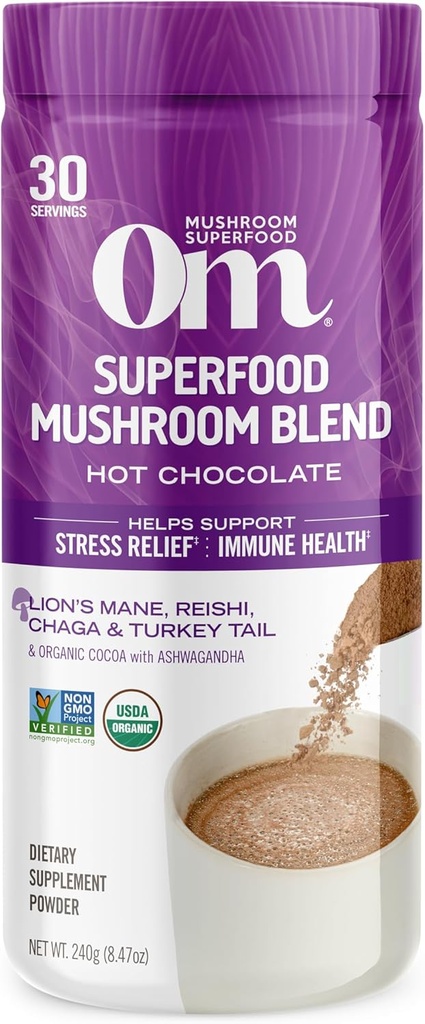 OM MUSHROOM SUPERFOOD Mélange de chocolat chaud – Cacao hollandais avec Mane de Lion, Reishi, Chaga & Turkey Tail – Soutient Focus, Calme et Stress Relief – 2g Sucre, 25 Calories – 8,47 oz Canister (30 portions)