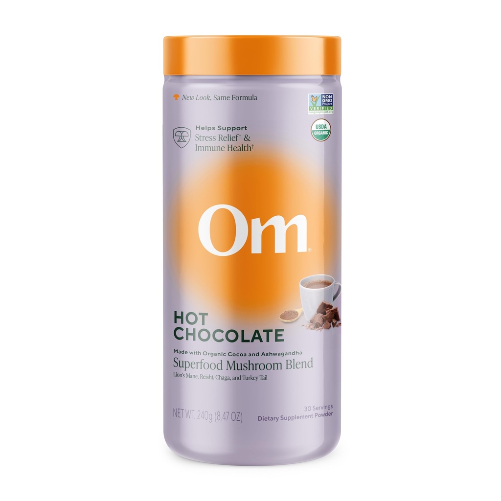 OM MUSHROOM SUPERFOOD Mélange de chocolat chaud – Cacao hollandais avec Mane de Lion, Reishi, Chaga & Turkey Tail – Soutient Focus, Calme et Stress Relief – 2g Sucre, 25 Calories – 8,47 oz Canister (30 portions)