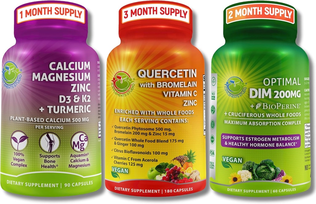 Trio d'os végétalien, d'immuno et de soutien hormonal – Calcium à base végétale, magnésium, zinc + D3, K2 et curcuma + quercétine avec bromelain, vitamine C, zinc + DIM 200mg et BioPerine® dans les capsules à libération retardée