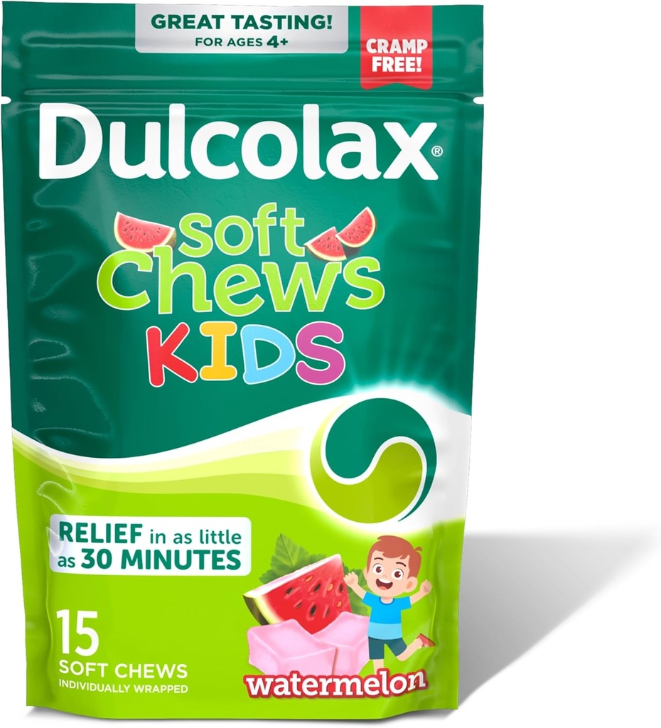 Dulcolax Kids Saline Laxative Soft Chews, Laxatifs sans stimulants, Relief de constipation doux pour les enfants, Tabouret assoupli, Saveur de pastèque, Hydroxyde de magnésium 1200 mg, 15 Compte