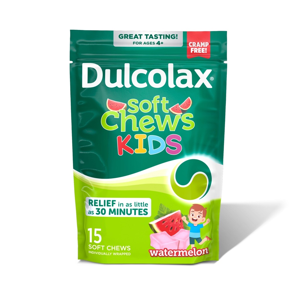 Dulcolax Kids Saline Laxative Soft Chews, Stimulant-Free Laxatives, Gentle Constipation Relief for Kids, Softens Stool, Watermelon Flavor, Magnesium Hydroxide 1200 mg, 15 Count