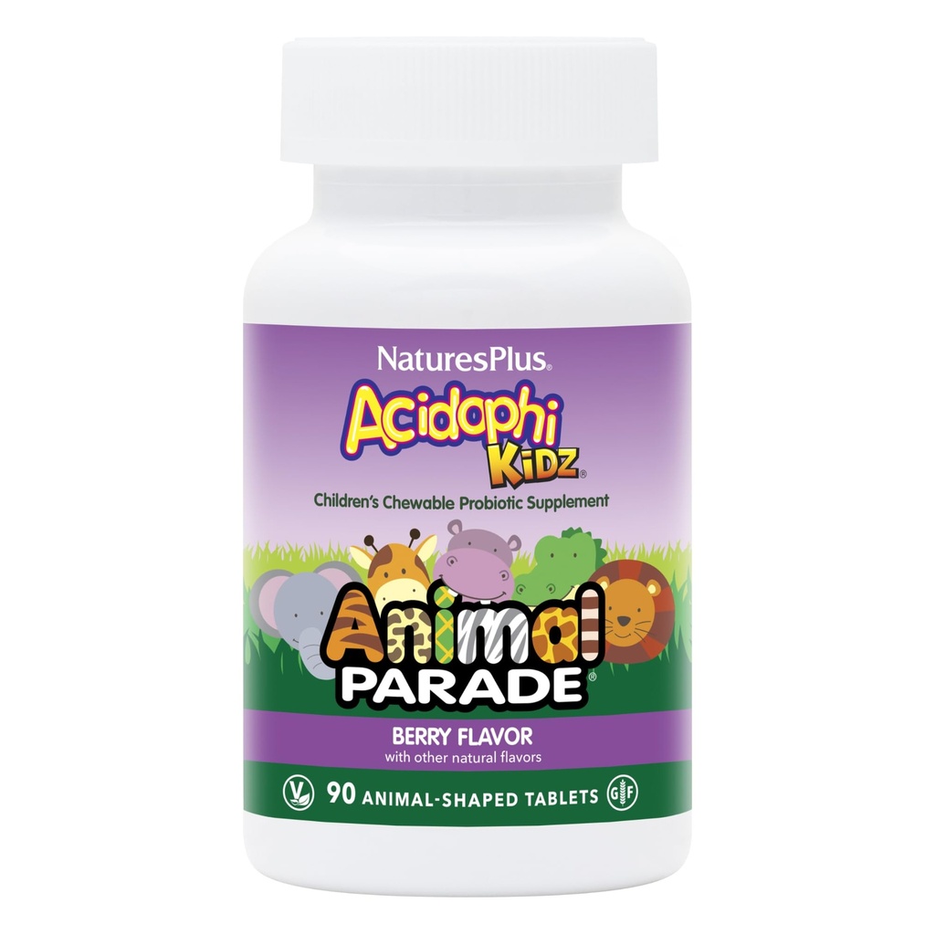 NaturesPlus Animal Parade AcidophiKidz, Berry Flavor - 90 Comprimés à croquer, en forme d'animal - lot de 2 - avec probiotiques, FOS et graines de raisin - 180 portions totales