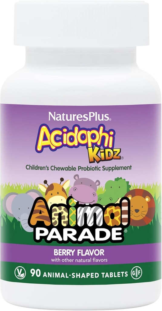 NaturesPlus Animal Parade AcidophiKidz, Berry Flavor - 90 Comprimés à croquer, en forme d'animal - lot de 2 - avec probiotiques, FOS et graines de raisin - 180 portions totales