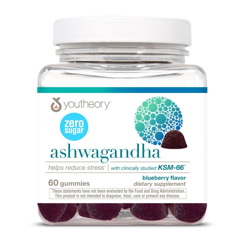 Youtheory Ashwagandha Gummies - with Organic KSM-66 Ashwagandha - Herbal Blend to Support Stress Relief & Energy Levels* - Helps Support Mood* - Sugar Free - Blueberry Flavor - 60 Vegan
