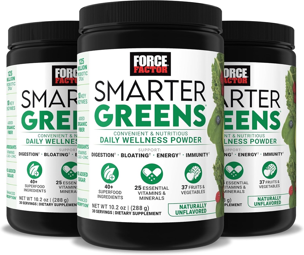 Force Factor Smarter Greens Daily Wellness Powder 3-Pack pour soutenir l'énergie, l'immunité et la digestion, Greens Powder, Superfood Powder avec des vitamines, minéraux et probiotiques, Sans saveur, 90 portions