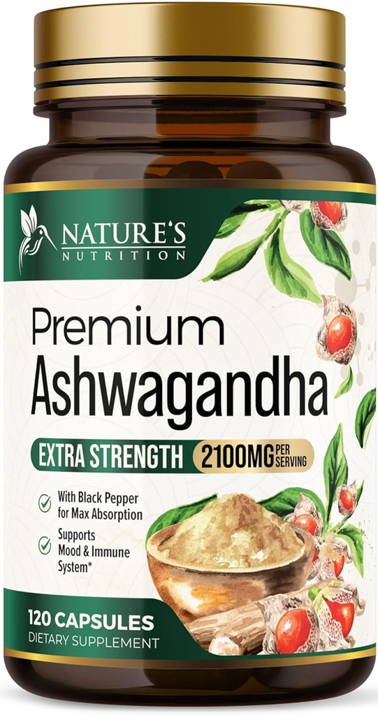 Suppléments Ashwagandha - 2100mg Ashwagandha Capsule pour les femmes et les hommes, Support antioxydant naturel, Extrait de racine Ashwa, Support calmant extra-fort avec poivre noir, végétalien et sans gluten - 120 capsules
