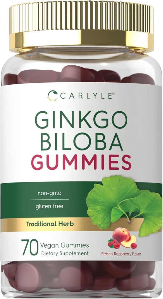 Carlyle Ginkgo Biloba 300mg.70 Gummies.45:1 Extrait de feuille avec parfum de framboise de pêche.