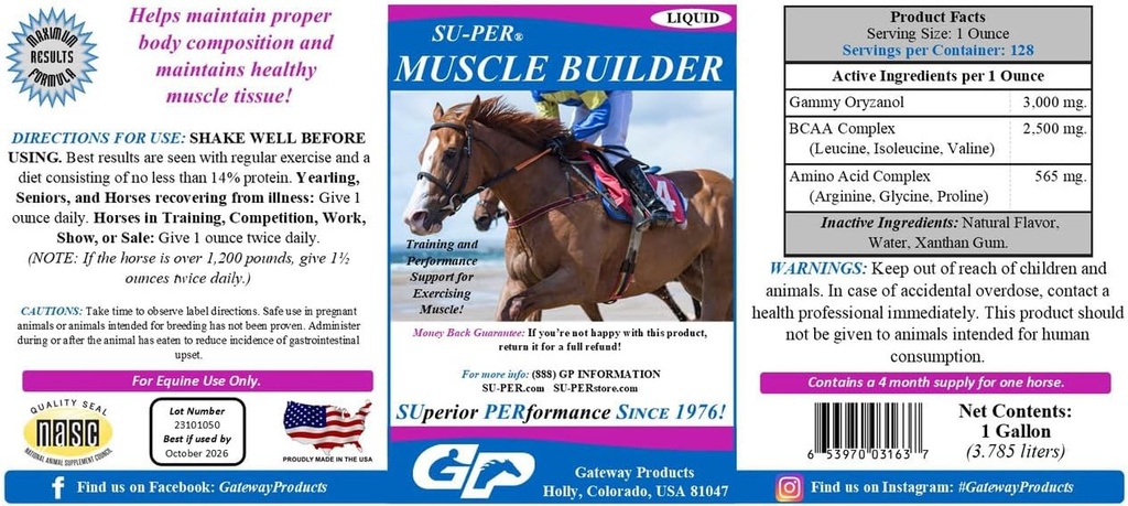 SUPER Muscle Builder Horse Supplément - Formation et soutien au rendement pour l'exercice du muscle - 1 Gallon, 4 mois d'approvisionnement